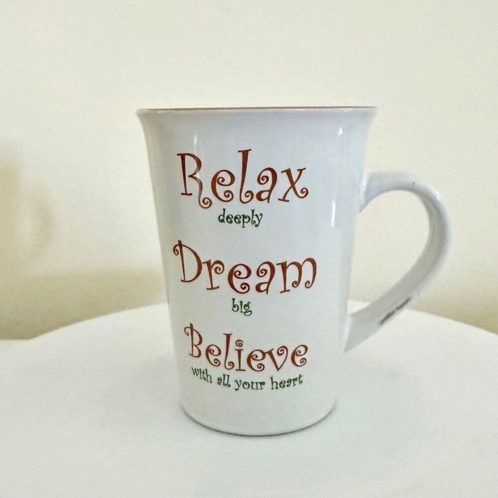 Relax Dream Believe Ceramic Mug Handle Mulberry Inspirational Spiritual Positive